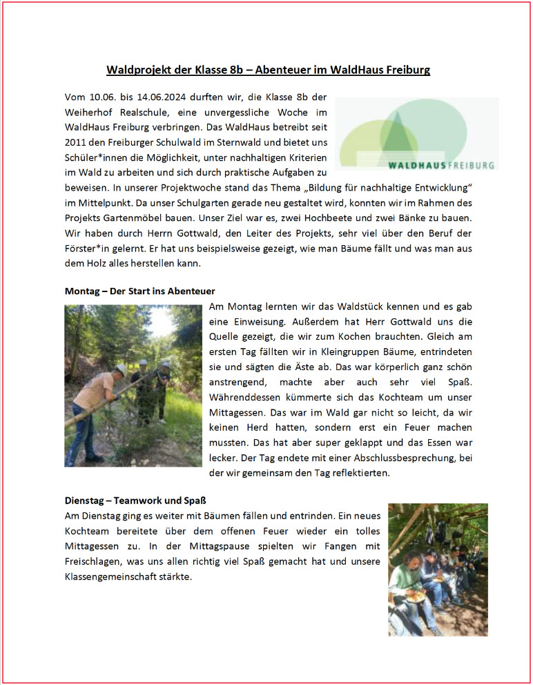Waldprojekt der Klasse 8b